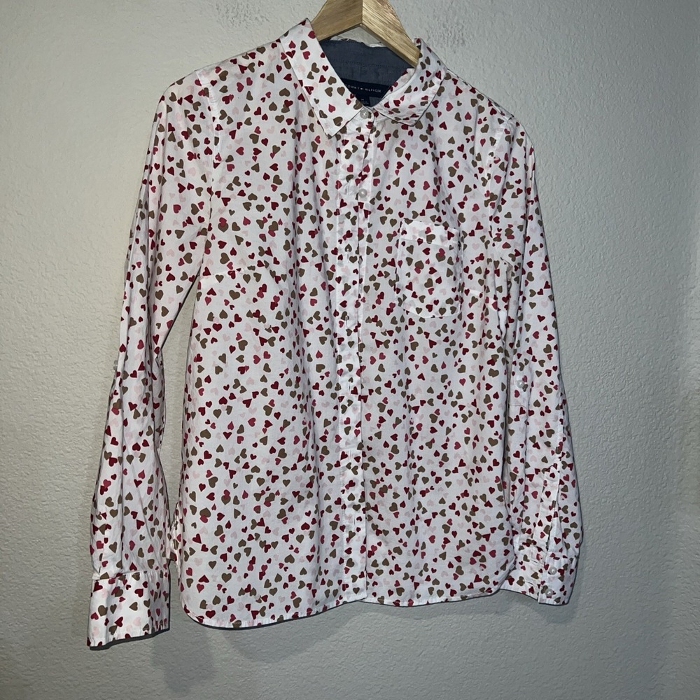 Tommy Hilfiger WHITE Button-up Roll Tap Slv Collared Pink/Red Hearts MEDIUM